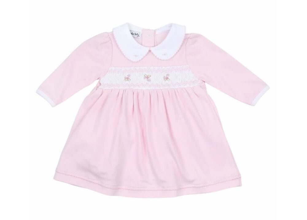 Magnolia Baby Girls 24M Pink White Floral Long Sleeve Smocked Collared Dress